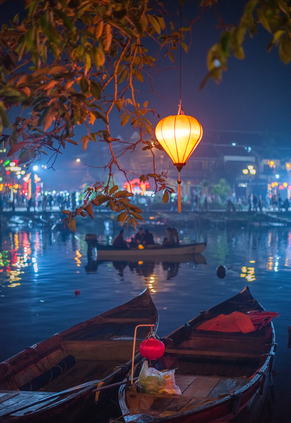 Colorful Lantern Over Rowboats in Hoi An, Vietnam