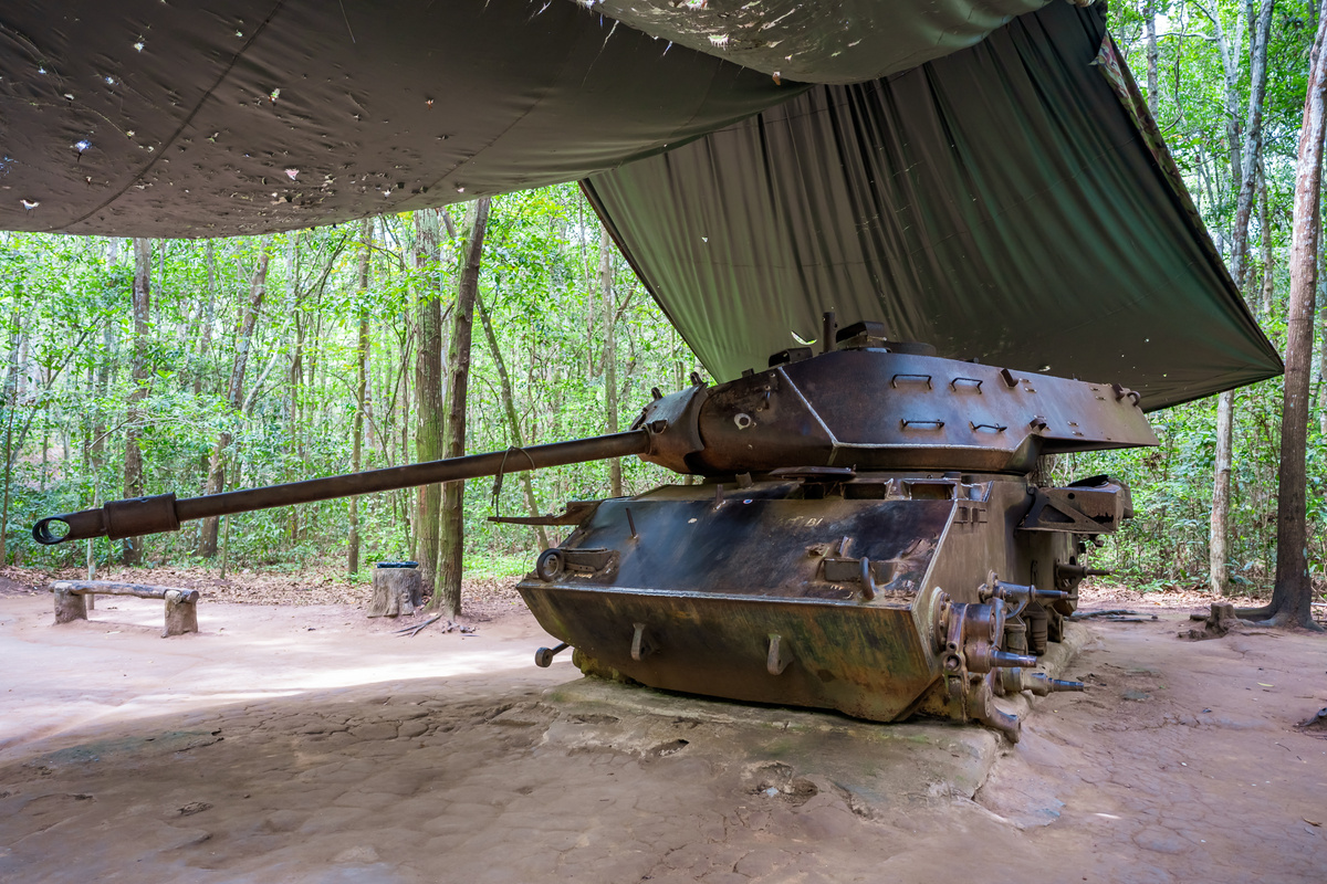 American Tank destroyed by Viet Congs in Cu Chi tunnel, Vietnam in 1970