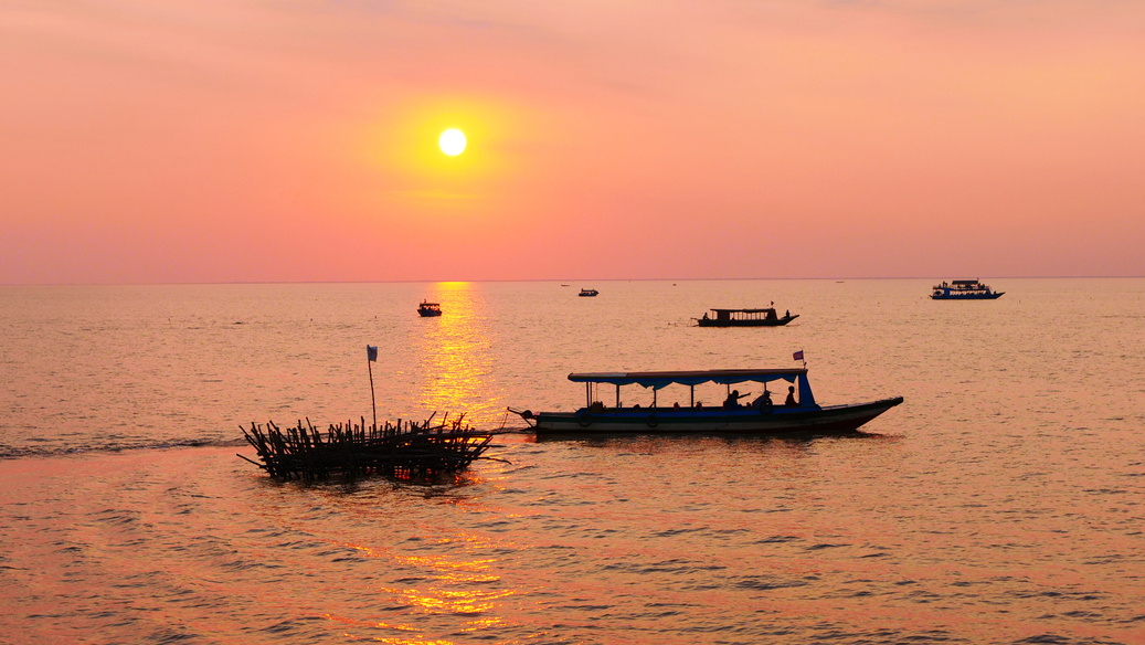 Tonle Sap Lake with Boats During Sunset