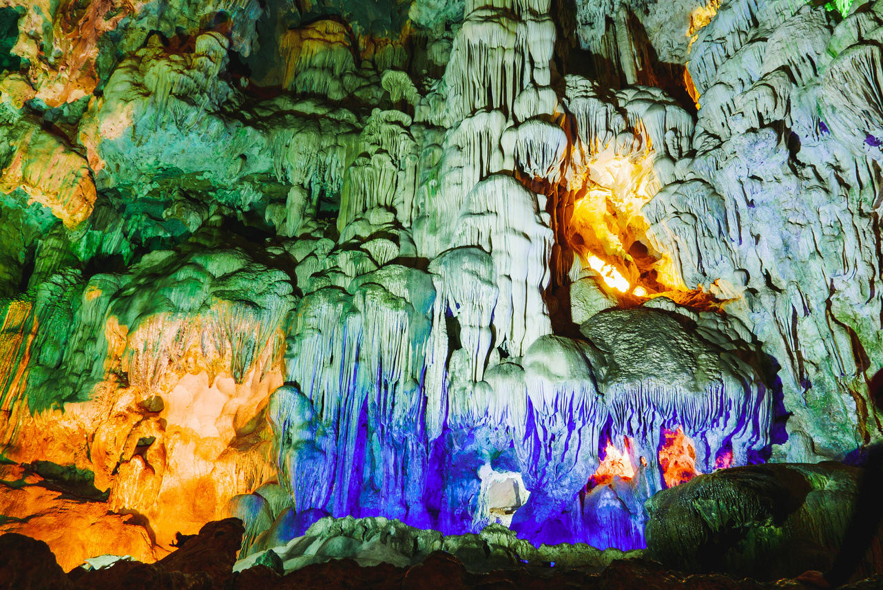 Colorful inside of Hang Sung Sot cave world heritage site in Halong Bay, Vietnam